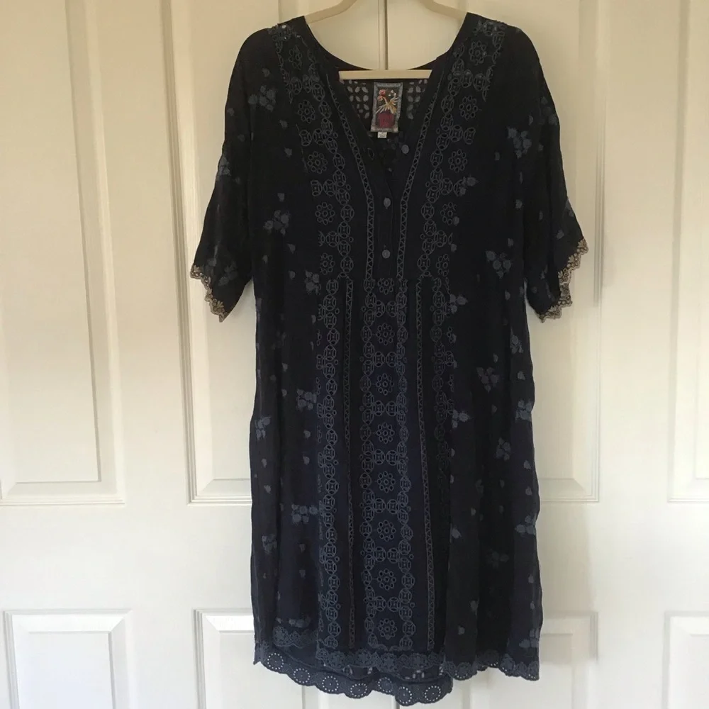 Johnny Was eyelet embroidered navy blue dress M
